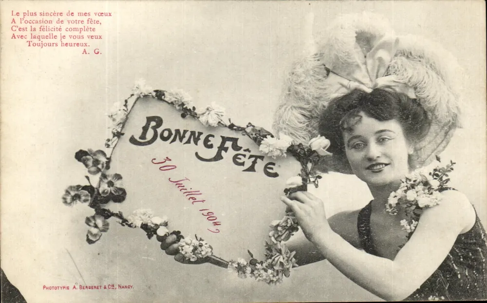 Frau mit Federhut — Frohe Geburtstage — Phototypie A. Bergeret & Cie, Nancy - Vorderseite