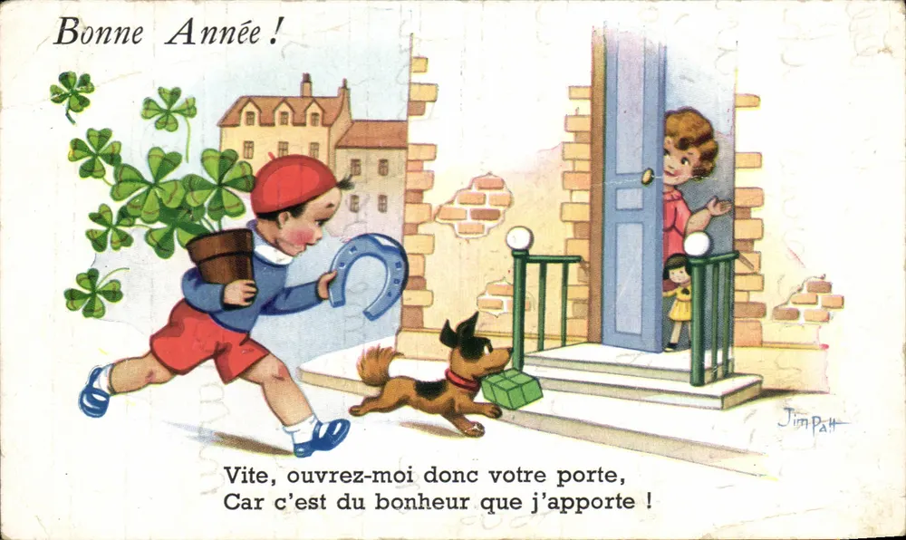 Kind mit Ziege und Hund — Frohe Neujahr! — Gedruckt auf der Karte von JIM PALL - Vorderseite