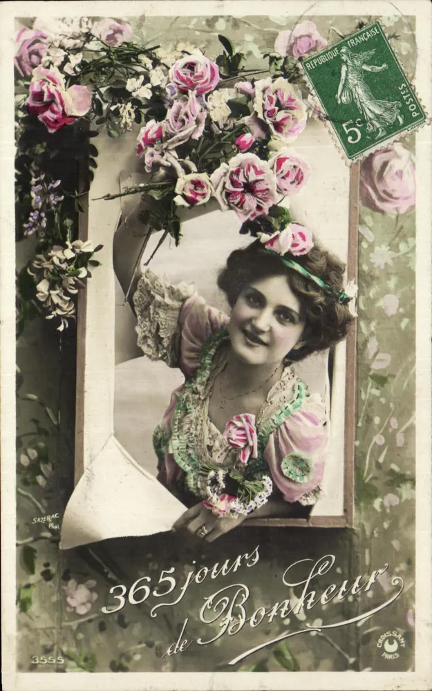 Lächelnde Frau mit Rosenstrauß — 365 Tage Glück — Sazerac Fotografie n°3555 — Verlag Croissant Paris - Vorderseite