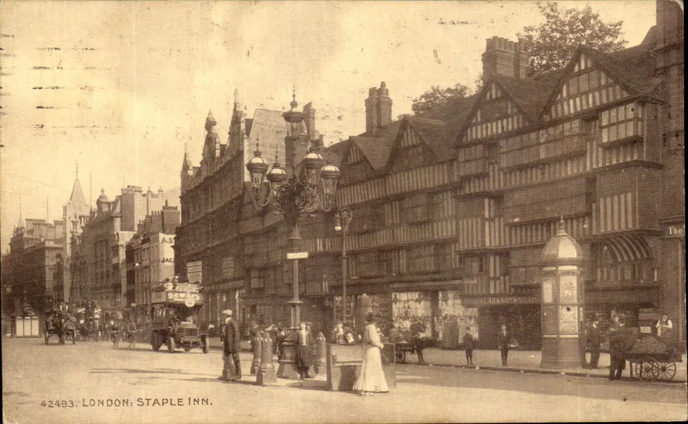 Londres : Staple Inn — vista de rua com edifícios de madeira — editor N.W.D.O. n° 42493 - Frente