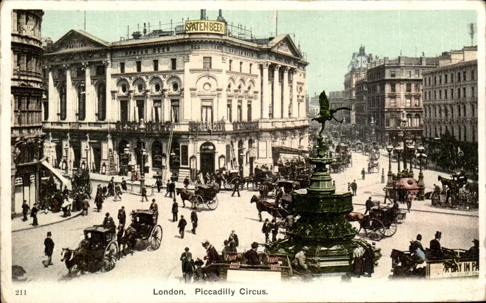 Londres, Piccadilly Circus — vista da fonte e do edifício Spaten Beer — editor desconhecido, n° 211 - Frente
