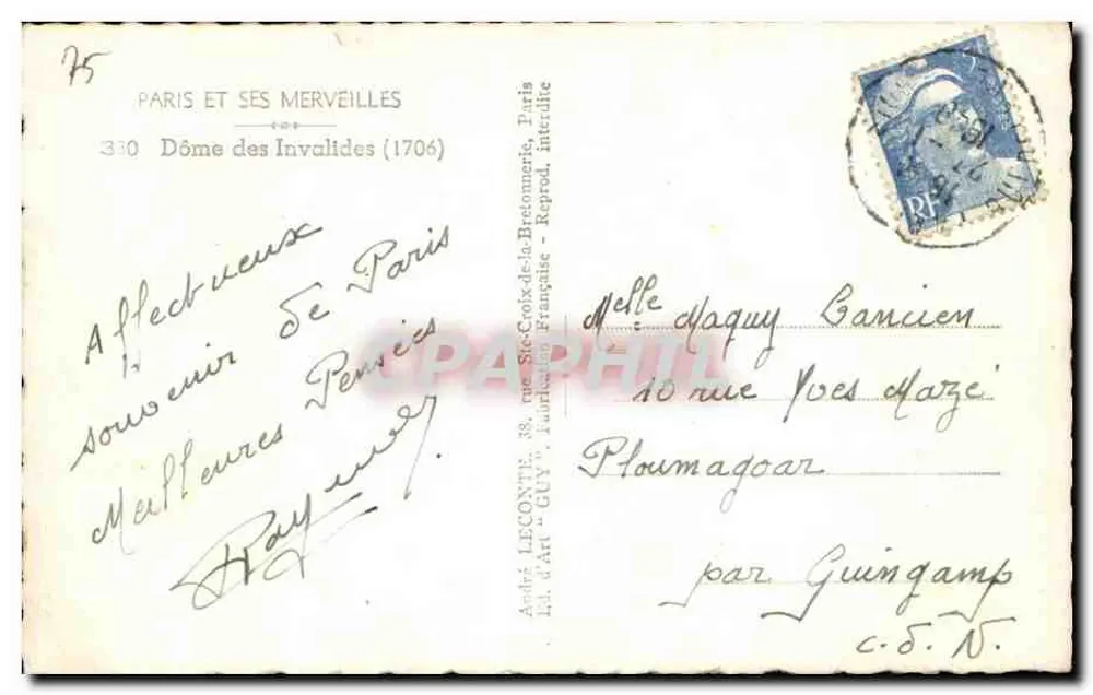 Dôme des Invalides — Paris — éditeur André Leconte, n°330 - Verso