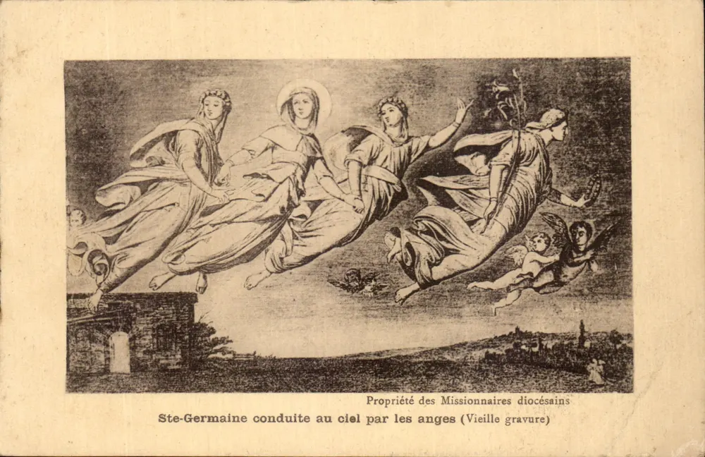 Saint-Germaine, von Engeln zum Himmel getragen — Alte Gravur — Eigentum der Diözesan-Missionare - Vorderseite