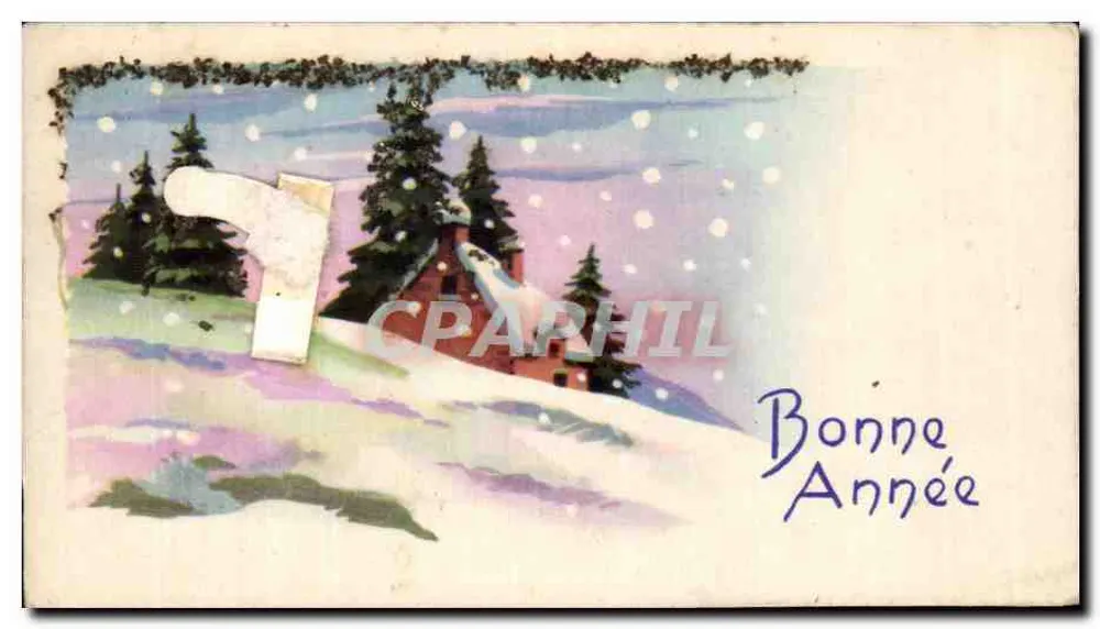 Paisagem invernal — casa nevada — texto impresso e manuscrito 'Bom Ano' - Frente