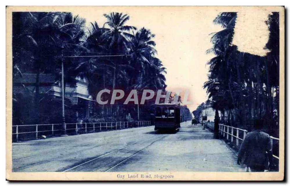 Gay Land Road, Singapur — Tram und Palmen — gedruckter Text unten - Vorderseite