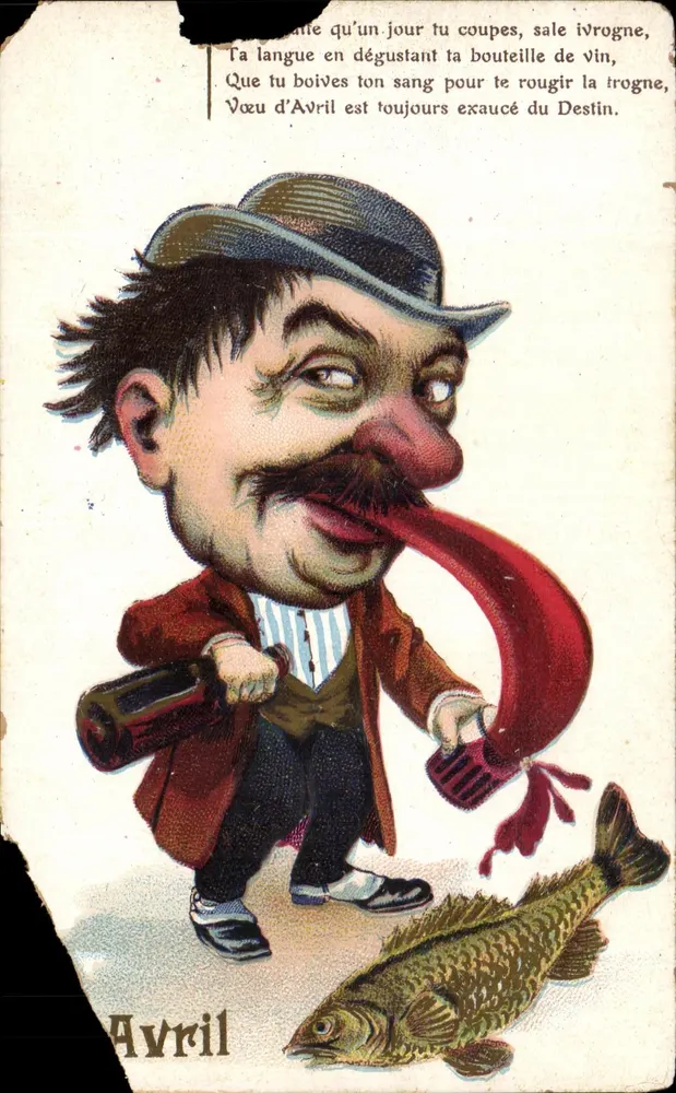Caricature d'un ivrogne — homme avec langue rouge et poisson — éditeur Avril - Vorderseite