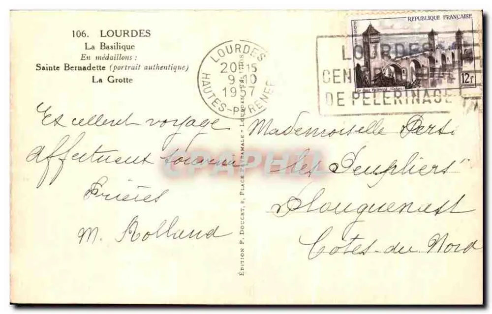 Lourdes — Die Basilika, Die Grotte, Heilige Bernadette — Ausgabe P. Docent, Lourdes - Rückseite