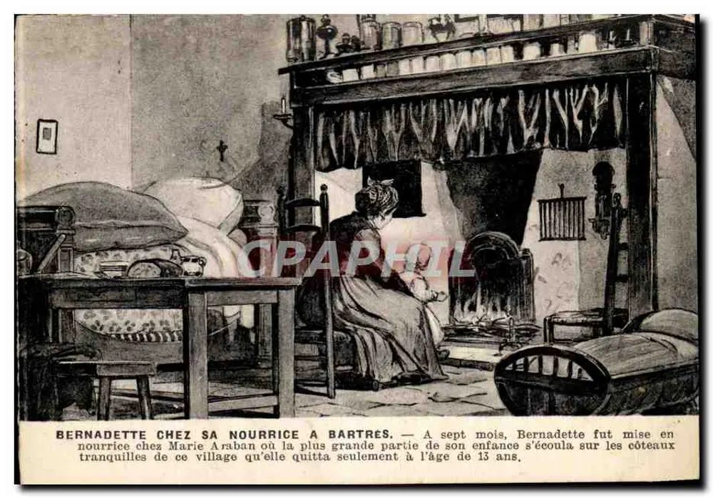 Bernadette chez sa nourrice à Bartres — scène d'intérieur avec cheminée et berceau — éditeur non visible - Frente