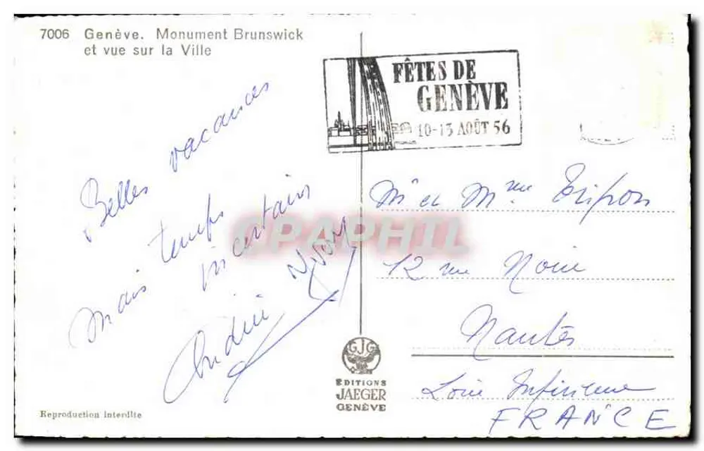 Genf. Denkmal Brunswick und Blick auf die Stadt — Éditions Jaeger, Nr. 7006 - Rückseite