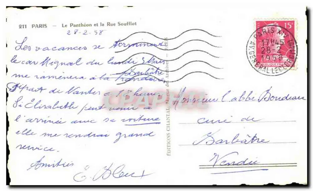 Paris - O Panteão e a Rue Soufflot — Edições Chantal, n°211 - Verso