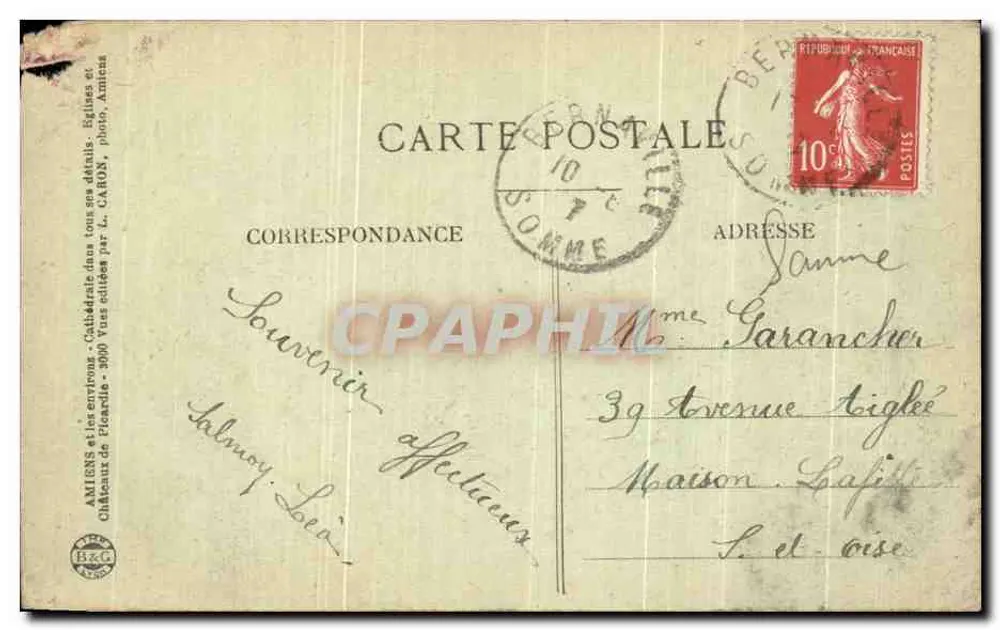 Bernaville — Bureau de Poste et Grande-Rue — éditeur L. CARON - Verso