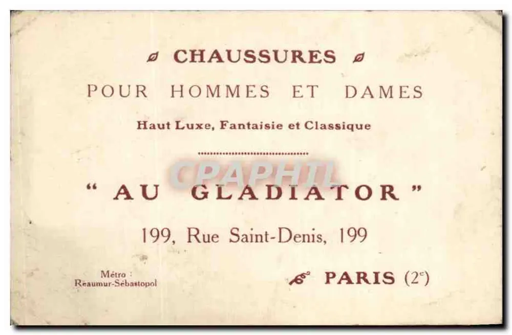 Schuhe für Männer und Frauen — Bei dem Gladiateur — 199, Rue Saint-Denis, Paris (2e) - Vorderseite