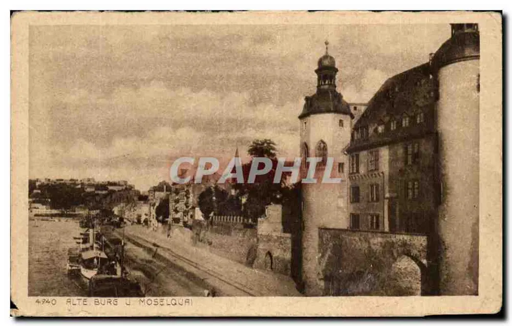Alte Burg u. Moselquai — château fort sur la rive de la Moselle — éditeur Kupferstich-Verlag von Rud. Bremer & Co. - Frente