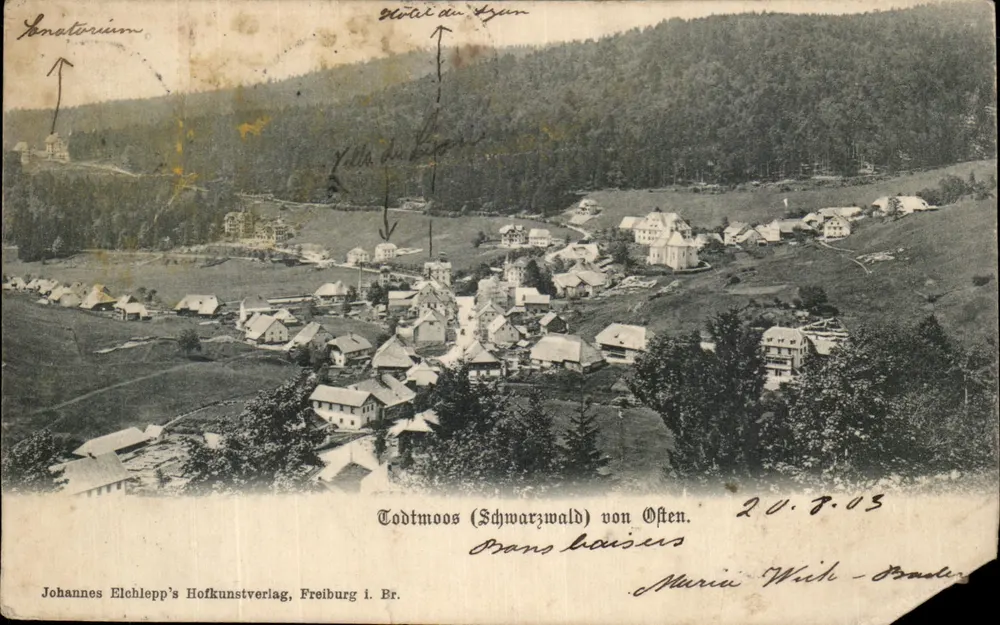 Todtmoos (Schwarzwald) visto do leste — vista panorâmica com indicação de locais — Johannes Elehlepp's Hofkunstverlag, Freiburg i. Br. - Frente