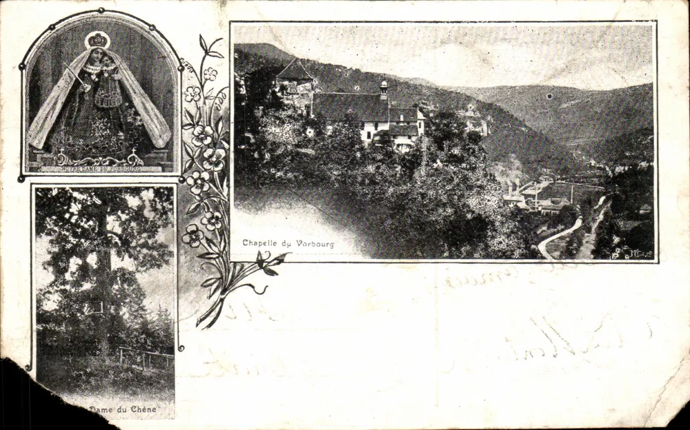 Chapelle du Vorbourg — vue panoramique et détails religieux — éditeur Trophéy & Membréz, Delémont - Recto