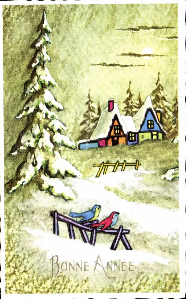 Paysage hivernal — chalets enneigés avec deux oiseaux — éditeur M.D. PARIS n° 18 - Frente