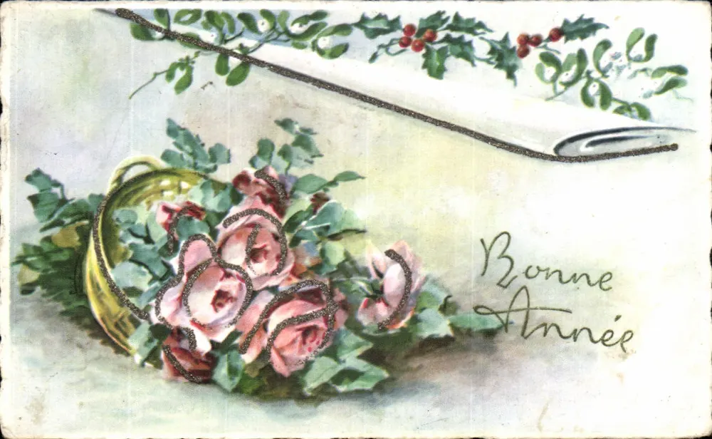 Arranjo de rosas em um cesto — decoração de hortência — vœux de boa ano — editor impresso F. Fichet, série N° 46 - Frente