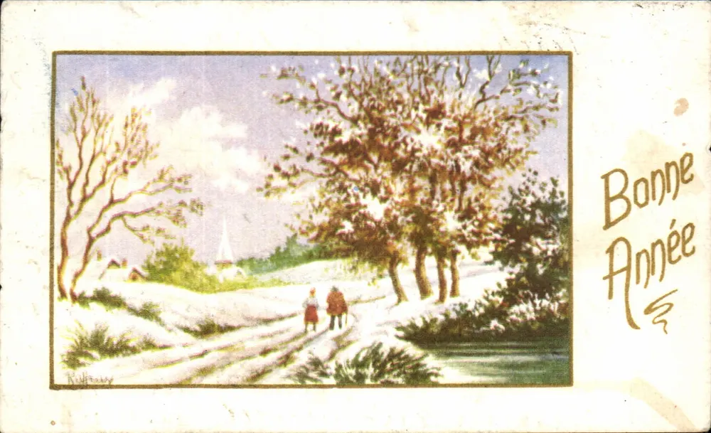 Scène hivernale — deux personnes marchant sur un chemin enneigé avec église au loin — éditeur W. Kieffmann - Frente