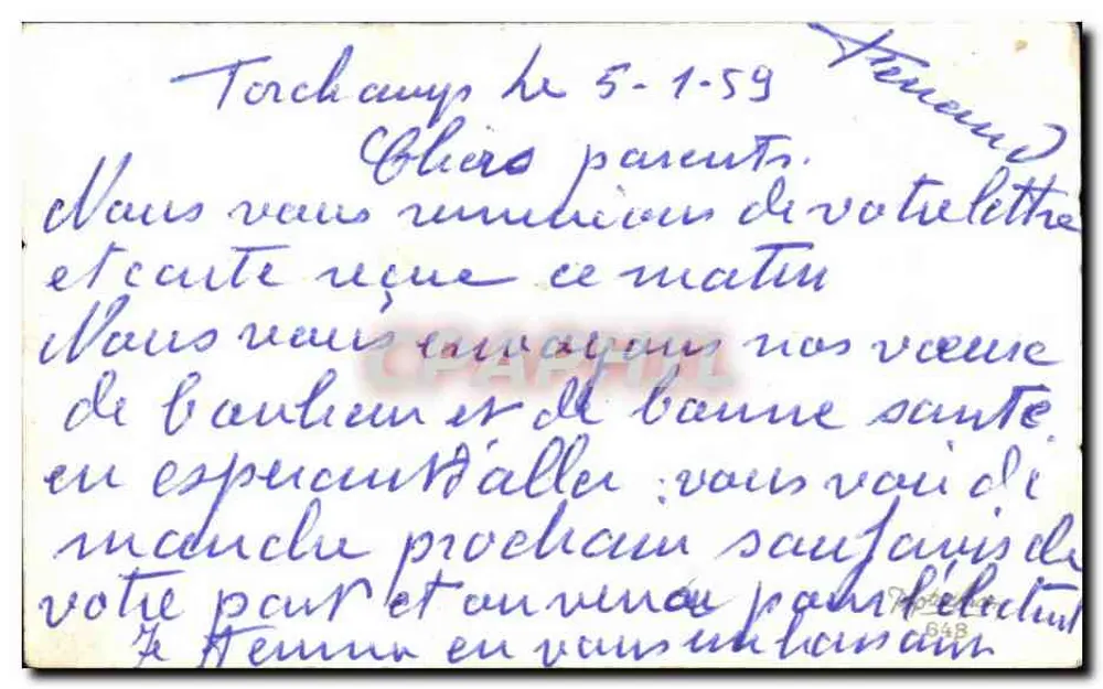 Scène hivernale — deux personnes marchant sur un chemin enneigé avec église au loin — éditeur W. Kieffmann - Verso
