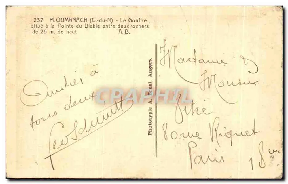 Der Gouffre an der Spitze des Teufels — PLOUMANACH (C.-du-N) — Phototypie A. Bruel, Angers - Rückseite