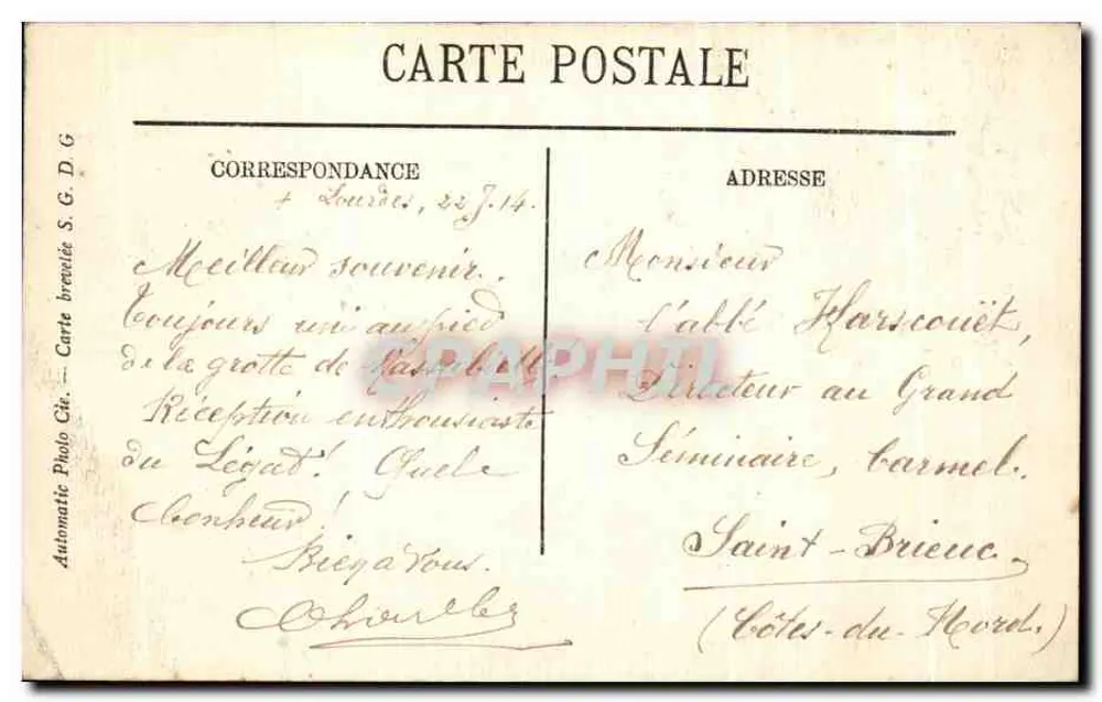 Lourdes — Lembrete de Lourdes — Carta postal S.G.D.G. - Verso