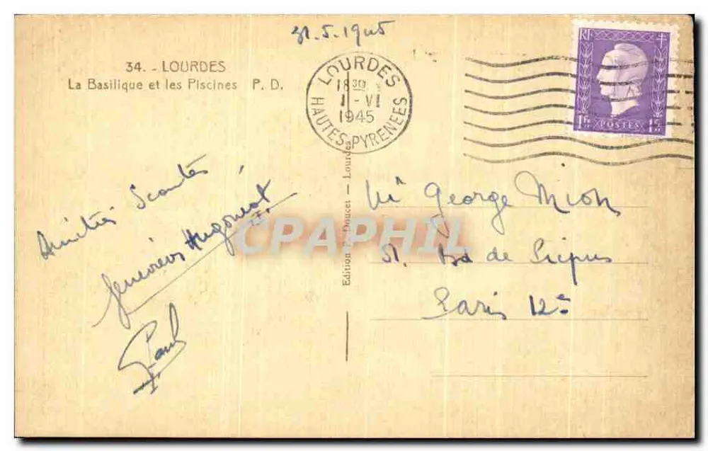 Lourdes — De Basiliek en de Piscinas — Editie Lourdes 1945 - Achterkant