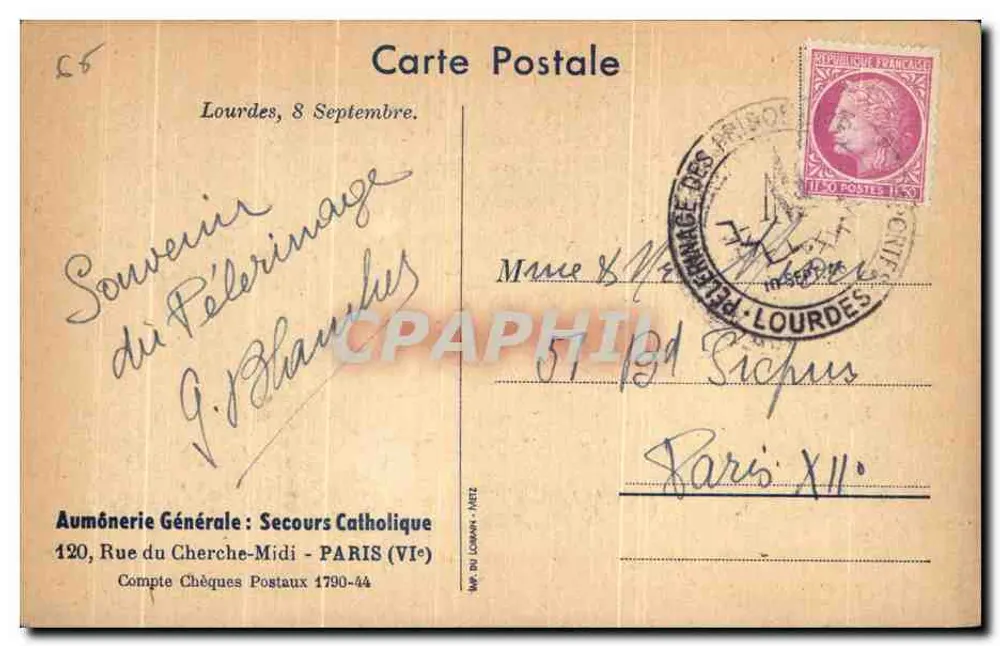 Pilgerung der Gefangenen und Vertriebenen — Lourdes — 8. September — Generalkaplanat: Katholische Hilfe - Rückseite