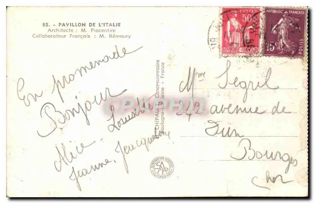 Pavillon der Italien — Internationale Ausstellung Paris 1937 — Verlag: CHI PAUL - Concessionär - Frankreich - Rückseite