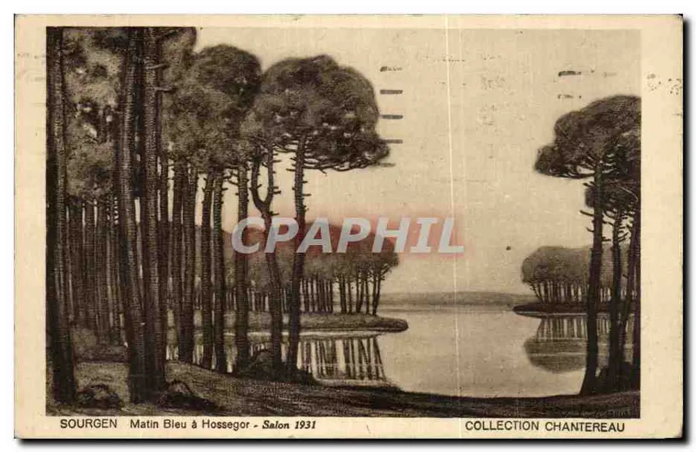 Blauer Morgen in Hossegor – Landschaft mit Kiefern und See – Sourgen, Salon 1931 - Vorderseite