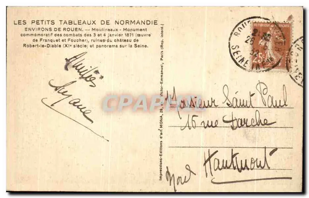 Moilinieux — Ruinen des Schlosses Robert-le-Diable — Gedenkmonument für die Schlachten von 1871 — Verlag Mona - Rückseite