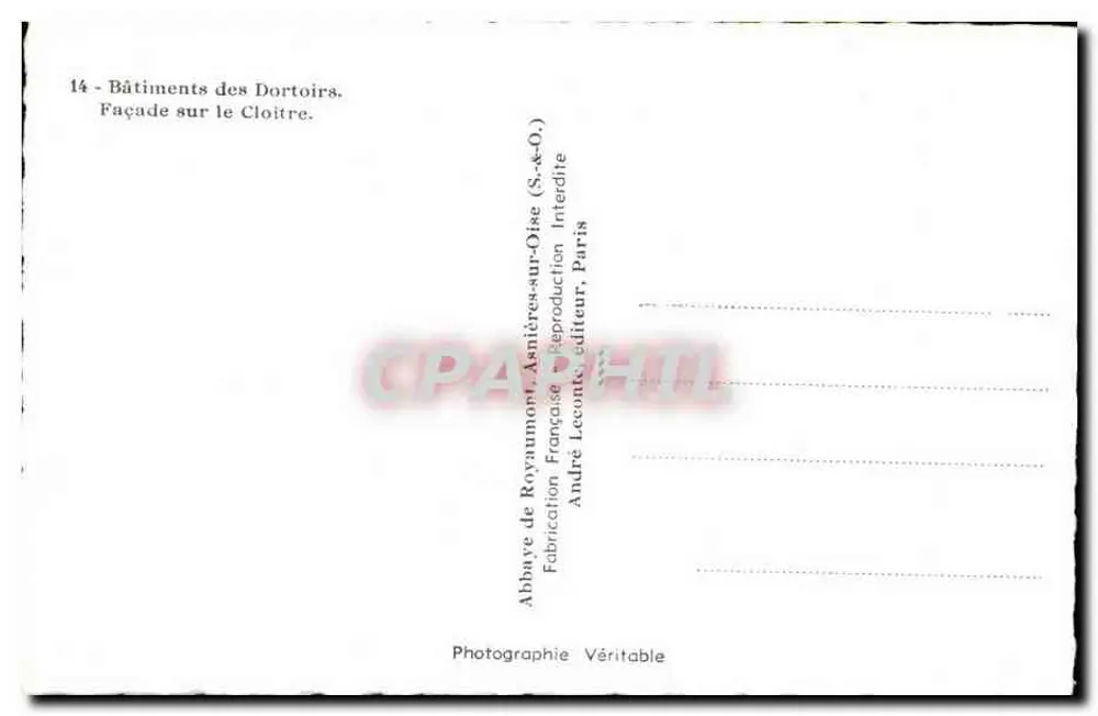 Abadia dos Dortoirs — Fachada para o Claustro — André Lecointe, editor, Paris - Verso