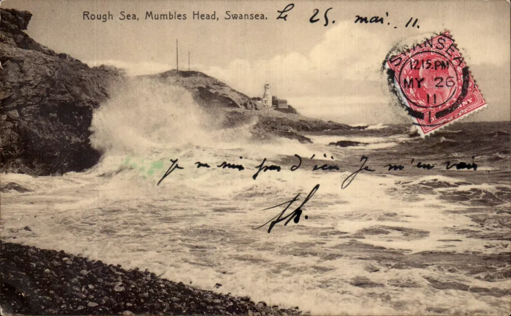 Stormachtige zee, Mumbles Head, Swansea — uitzicht op de woeste zee met lantaarn - uitgever Zonith Series, G. W. S. - Voorkant