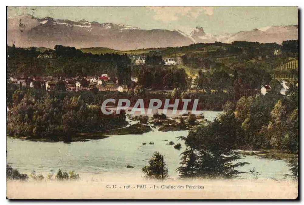 La Chaîne des Pyrénées — vue panoramique avec montagnes enneigées — éditeur C. C. PAU, n° 146 - Frente