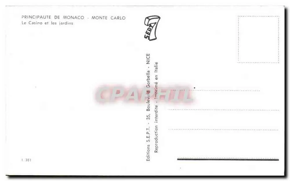 Casino de Monte-Carlo — Gärten — Editions S.E.P.T. - 35, Boulevard Gorbella - Nice - Rückseite