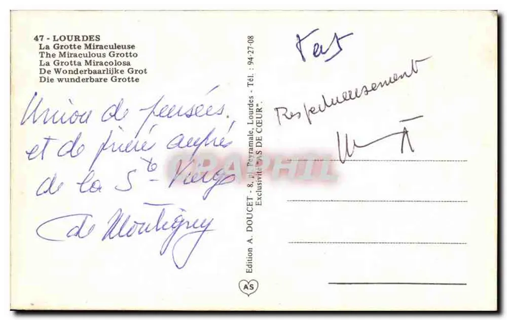 Gruta de Lourdes — Santuário de Nossa Senhora — Edição A. DOUCET - Verso