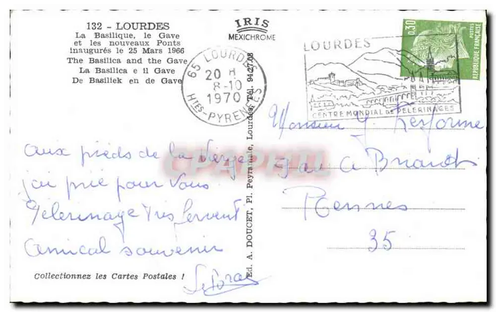 Lourdes — Die Basilika, der Gave und die neuen Brücken — Ed. A. Doucet, Pl. Peyrula, Lourdes - Rückseite