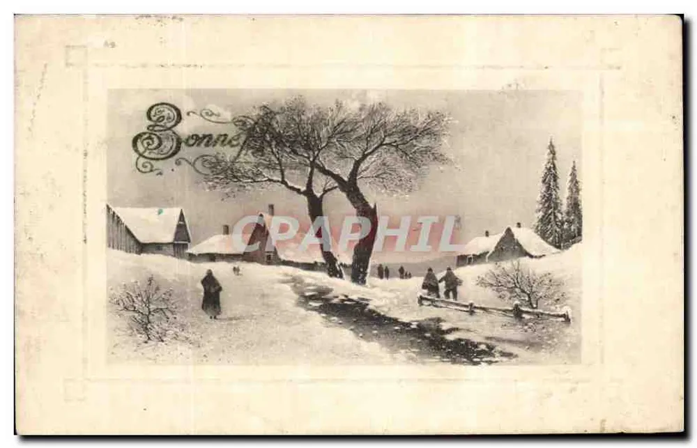 Scène hivernale — village enneigé avec chemin et arbres — éditeur Bonne (n° 63) - Awers