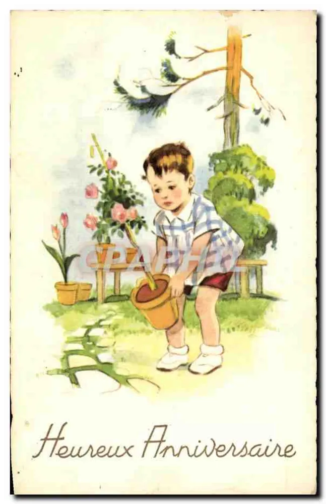 Criança regando flores — cartão de aniversário — Edições G. PICARD, n° 1057 - Frente