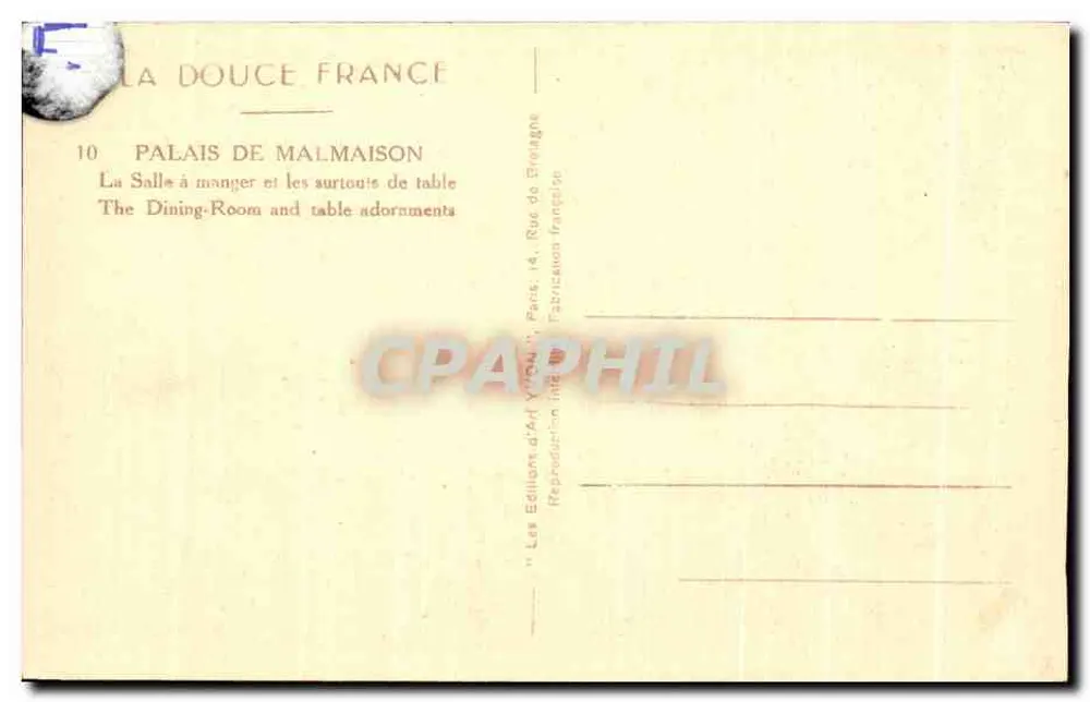 Schloss Malmaison — Speisesaal und Tischdekorationen — Les Éditions d'Art Yvonne, Paris - Rückseite