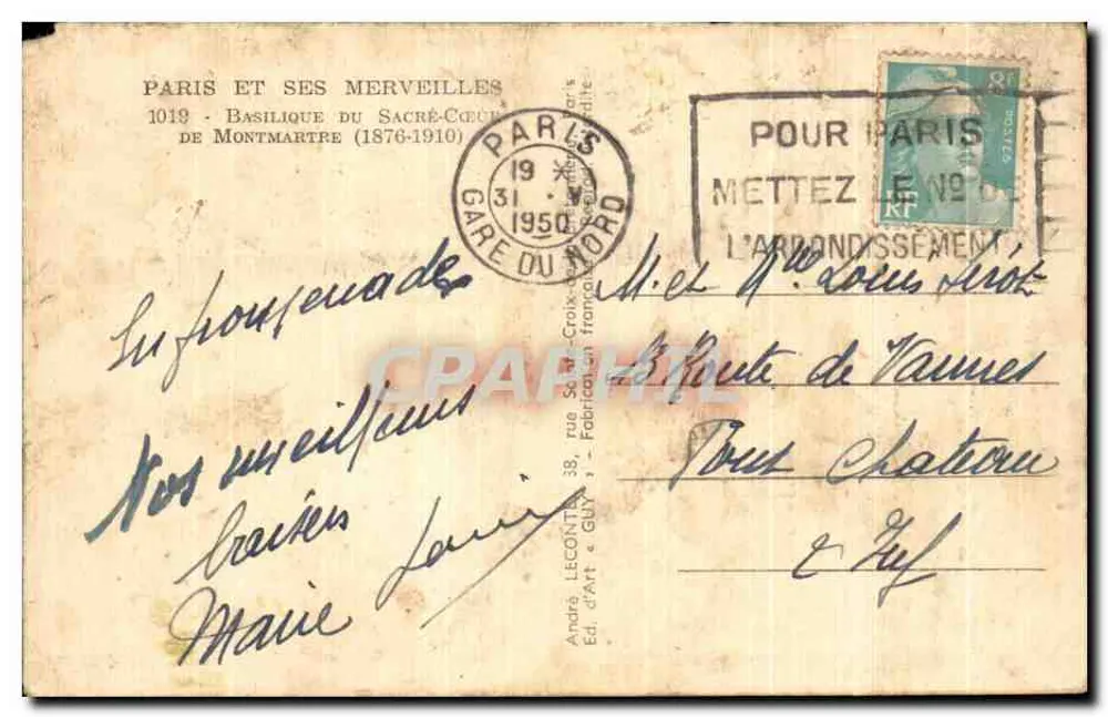 Basilika des Heiligen Herzens — Montmartre — Verlag André Lécontes, Nr. 1019 - Rückseite