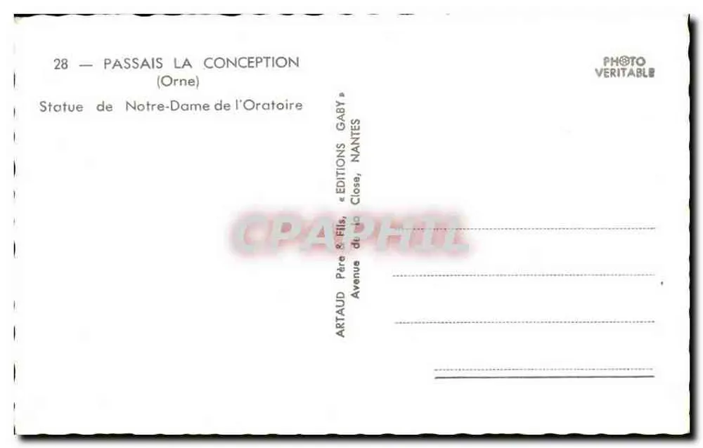 Passais-la-Conception — Estátua de Nossa Senhora do Oratório — Edições Gaby, Nantes - Verso