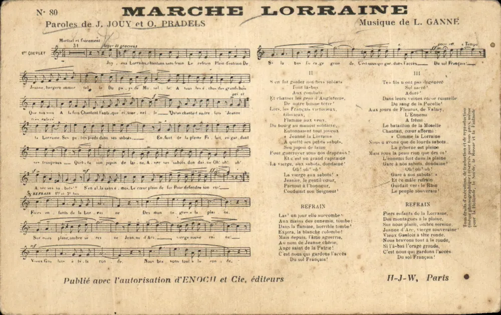 Marcha Lorraine — Palavras de J. Jouy e O. Pradel, Música de L. Ganne — H-J-W, Paris, n°80 - Frente