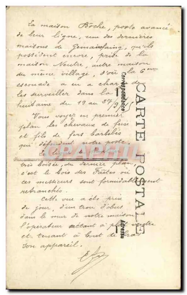 Casa Roche, Jemmapes — vista tirada de um buraco de obus na parede da casa — editor Carte Postale - Verso