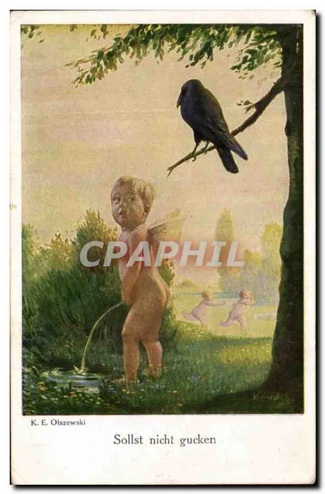 Criança nua sob uma árvore — corvo em galho — obra de K. E. Olszewski — Galeria Münchner Meister, n° 424 - Frente