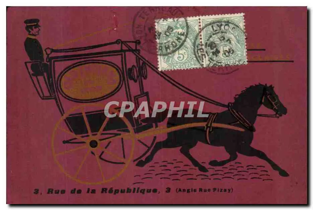 Calèche à cheval — scène de rue — éditeur : '3, Rue de la République, 3 (Angle Rue Pizay)' - Vorderseite