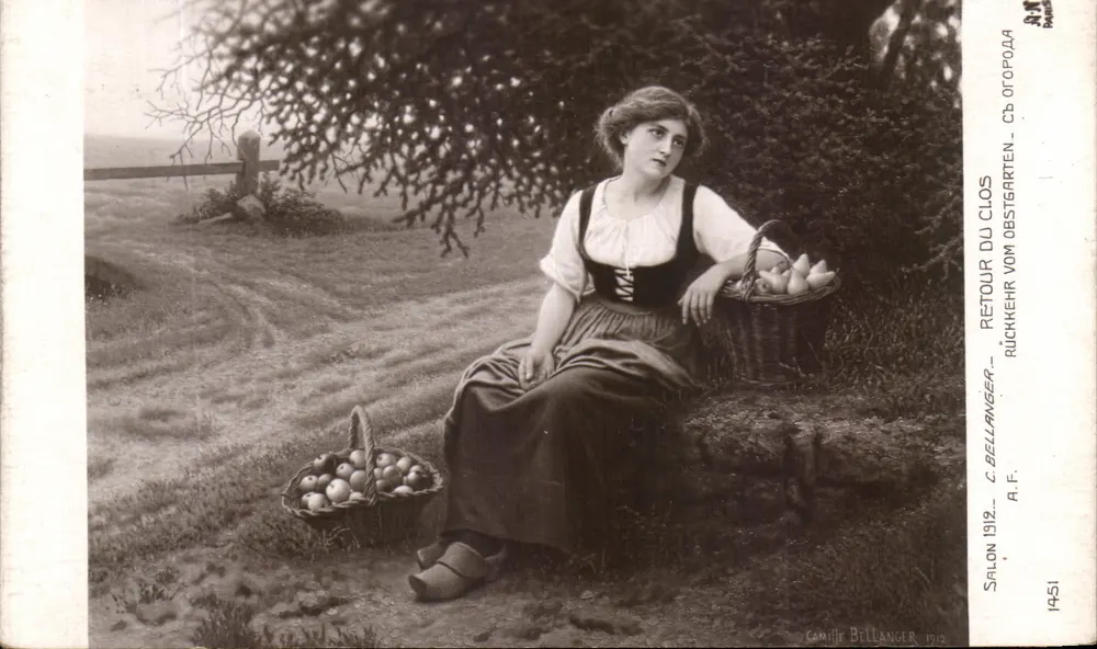 Jovem mulher ao lado de cestas de ameixas — Salão de Camille Bellanger 1912 — A.F. 1451 - Frente