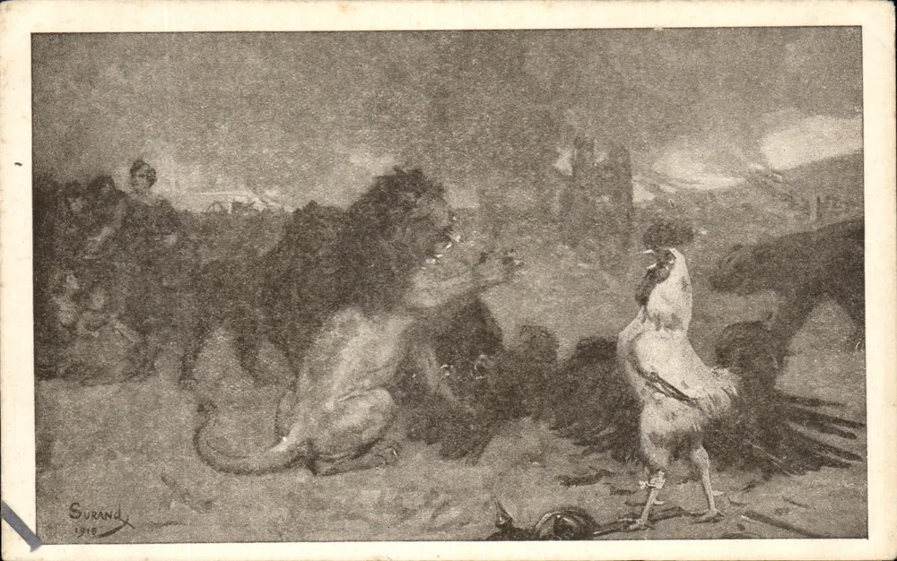 O leão e o galo — ilustração de Surand — Devambez, Panoramag, 88, Paris — Visée n° 4 - Frente