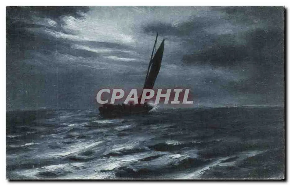 Boot op zee onder een stormachtige hemel — kunstreproductie — Concesioneur F. Ohio - Parijs - Voorkant