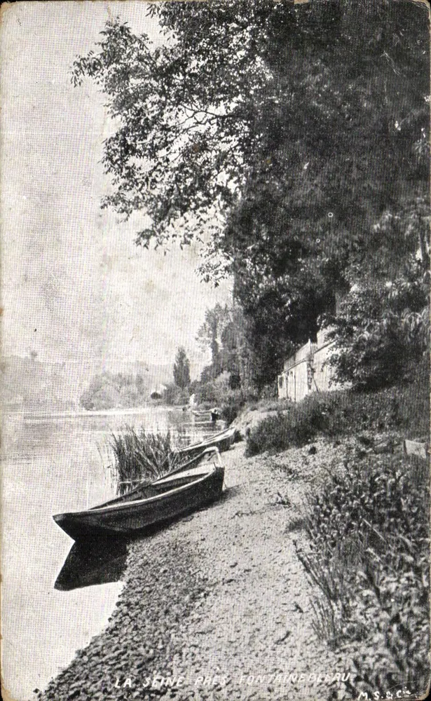 La Senna cerca de Fontainebleau — vista de la orilla con una barca — editor M.S.R.C. - Anverso