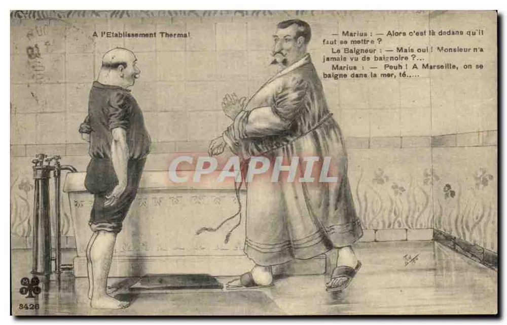 Kąpiel w zakładzie termalnym — karikatura dwóch mężczyzn — wydawca T. Béguin, nr 3426 - Awers